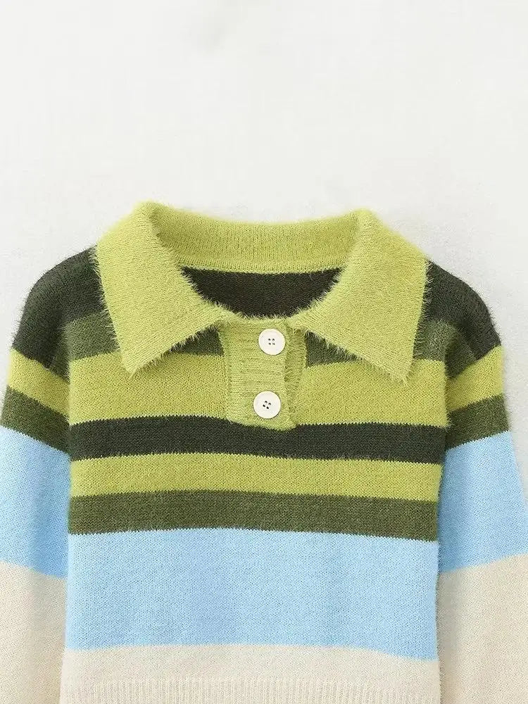 Women Striped Patchwork Sweaters Long Sleeve Turn-down Collar Short Pullovers