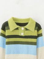 Women Striped Patchwork Sweaters Long Sleeve Turn-down Collar Short Pullovers