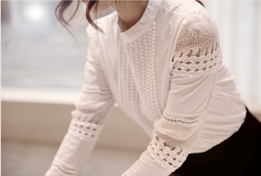 Summer New Women Blouses Slim Bottoming Long-sleeved White Shirt Lace Hook Flower Hollow Casual Shirts Blouse