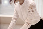 Summer New Women Blouses Slim Bottoming Long-sleeved White Shirt Lace Hook Flower Hollow Casual Shirts Blouse