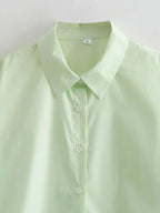 Women Green Loose Shirts Long Sleeve Single Breasted Side Drawstring Long Tops Blouses
