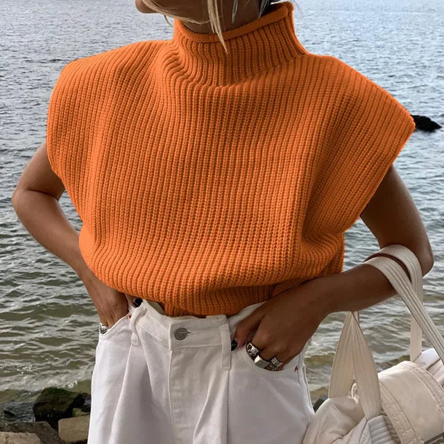 Orange Solid Fashion Women Turtleneck Knitted Sweaters Sleeveless Women Autumn Winter O-Neck Black White Warm Pullovers