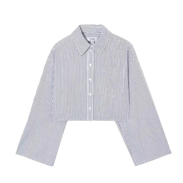 Women  Autumn New Fashion Casual Pocket Short Striped Shirt Retro Long Sleeve Chic Button Top Blouses Mujer