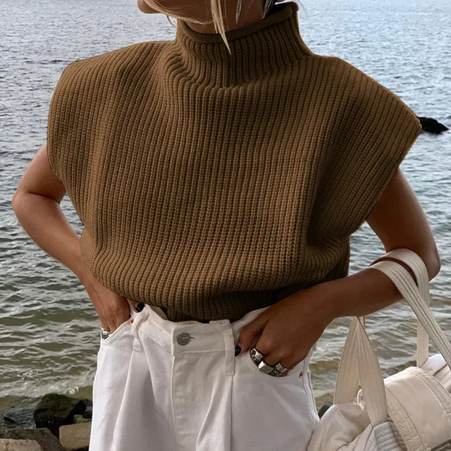 Orange Solid Fashion Women Turtleneck Knitted Sweaters Sleeveless Women Autumn Winter O-Neck Black White Warm Pullovers