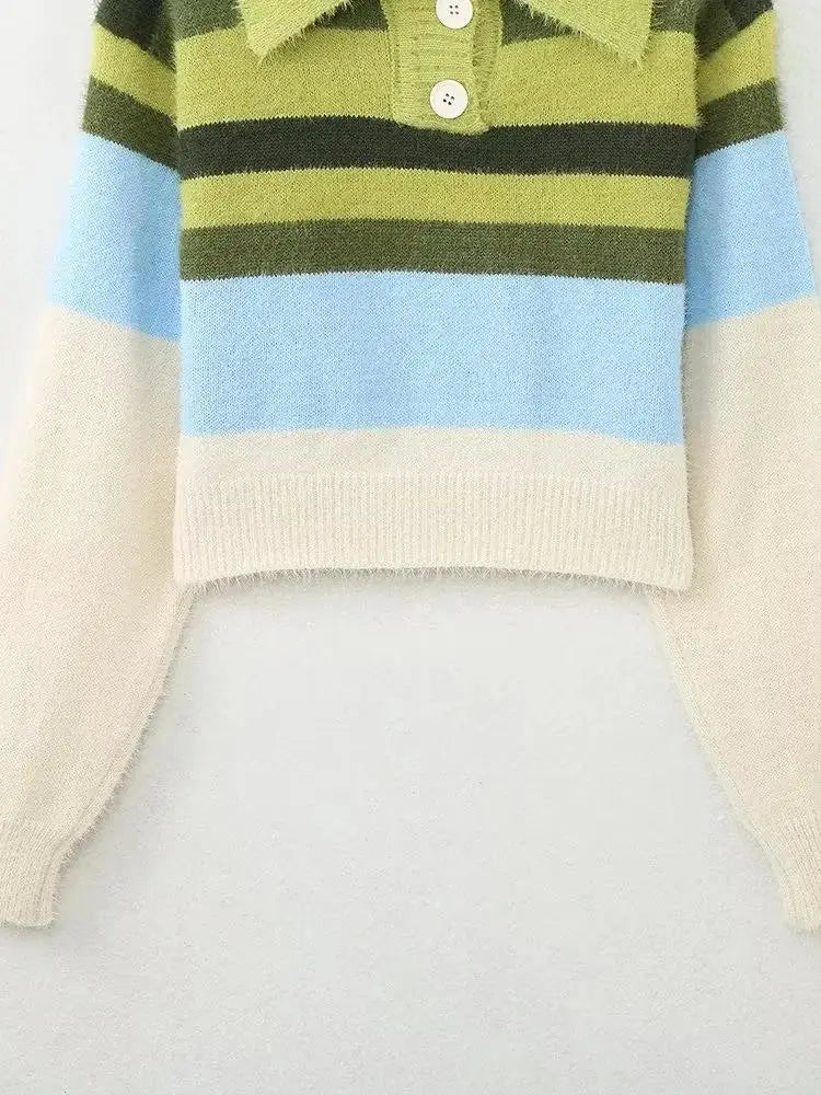Women Striped Patchwork Sweaters Long Sleeve Turn-down Collar Short Pullovers