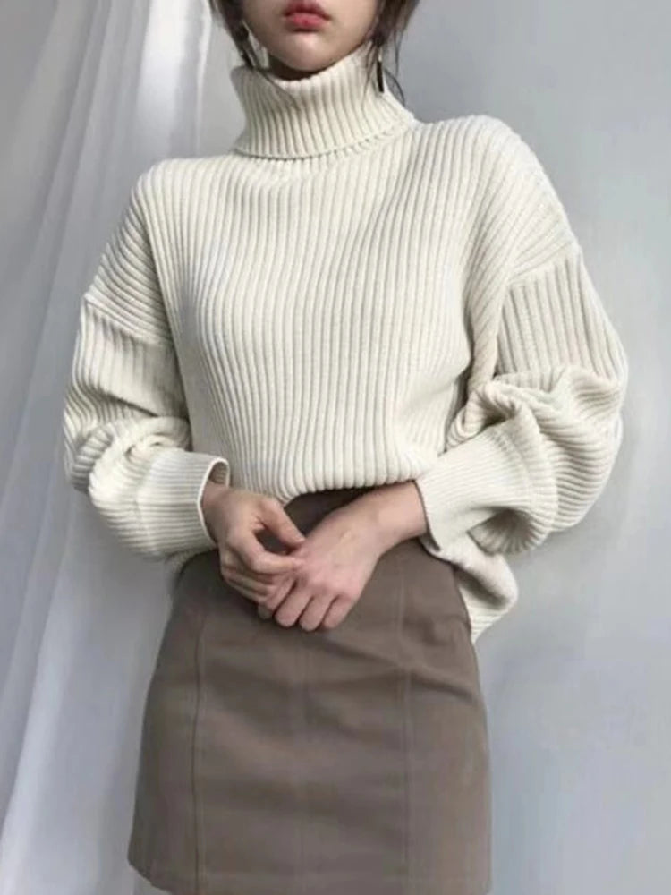 Korean Simple Turtleneck Sweaters Women Lazy Wind Loose Long Sleeve Office Lady Knitted Pullovers Solid Vintage Autumn Tops