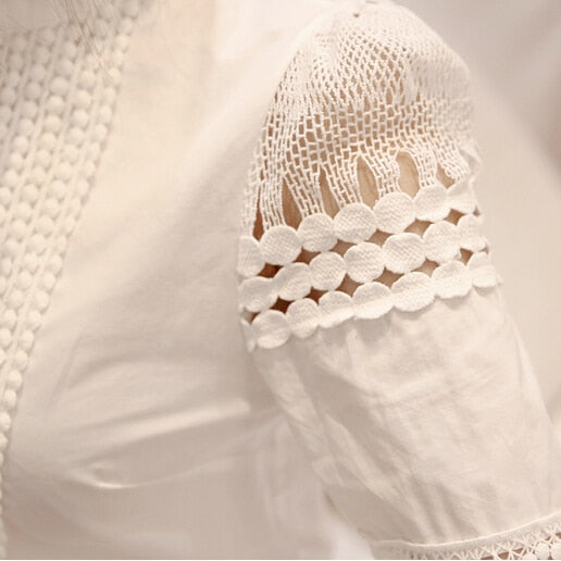 Summer New Women Blouses Slim Bottoming Long-sleeved White Shirt Lace Hook Flower Hollow Casual Shirts Blouse