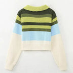 Women Striped Patchwork Sweaters Long Sleeve Turn-down Collar Short Pullovers