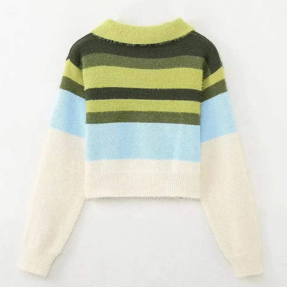Women Striped Patchwork Sweaters Long Sleeve Turn-down Collar Short Pullovers
