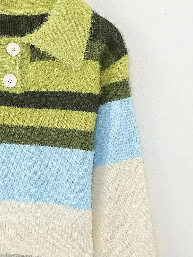 Women Striped Patchwork Sweaters Long Sleeve Turn-down Collar Short Pullovers