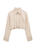 Women Fashion With Pocket Pinstripe Crop Shirts Vintage Long Sleeve Front Button Female Blouses Blusas Chic Tops