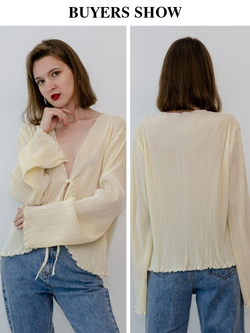Clacive Sexy White Lace-Up Women'S Shirt Summer Bodycon Long Sleeve Blouses Ladies Fashion Pleated Top Female Clothing
