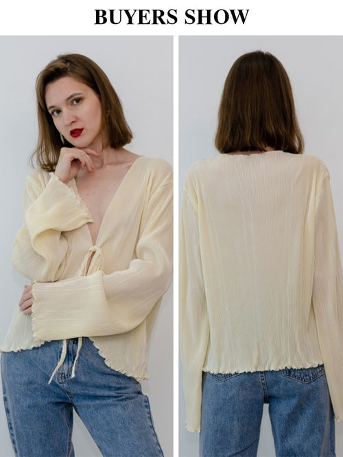 Clacive Sexy White Lace-Up Women'S Shirt Summer Bodycon Long Sleeve Blouses Ladies Fashion Pleated Top Female Clothing
