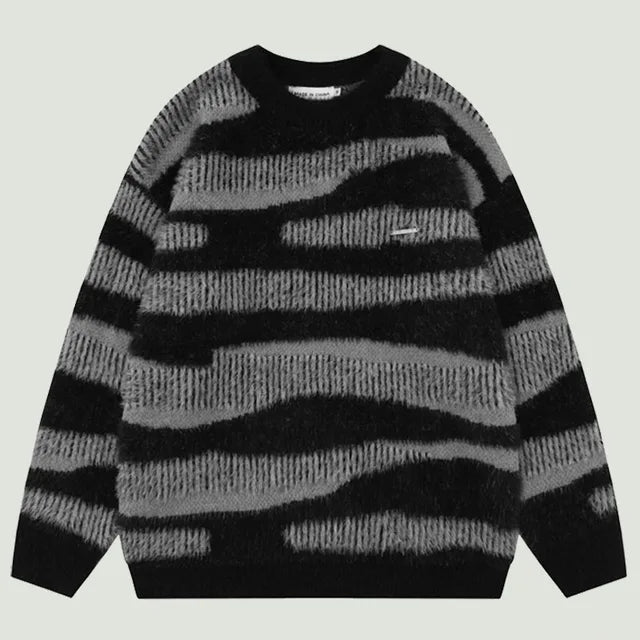 High Street Zebra Striped Patchwork Knitted Sweaters Mens Hip Hop Harajuku Casual Loose O-Neck Y2K Pullovers Couples