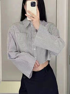 Women  Autumn New Fashion Casual Pocket Short Striped Shirt Retro Long Sleeve Chic Button Top Blouses Mujer