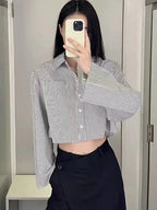Women  Autumn New Fashion Casual Pocket Short Striped Shirt Retro Long Sleeve Chic Button Top Blouses Mujer